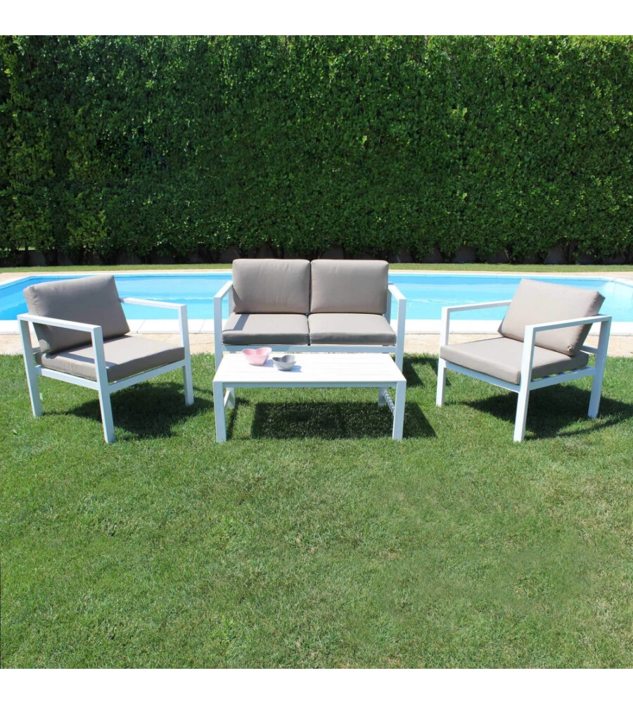 SET DA GIARDINO ELICA GARDEN "AVANA" IN ALLUMINIO BIANCO CON 2 POLTRONE, UN DIVANO E UN TAVOLINO