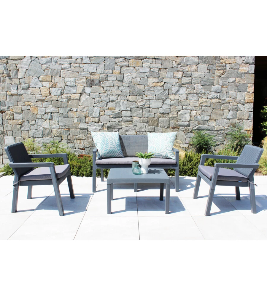 SET DA GIARDINO ELICA GARDEN "DELAWARE" IN POLIPROPILENE GRIGIO CON 2 POLTRONE, UN DIVANO E UN TAVOLINO