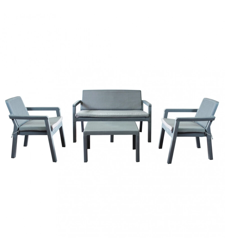 SET DA GIARDINO ELICA GARDEN "DELAWARE" IN POLIPROPILENE GRIGIO CON 2 POLTRONE, UN DIVANO E UN TAVOLINO