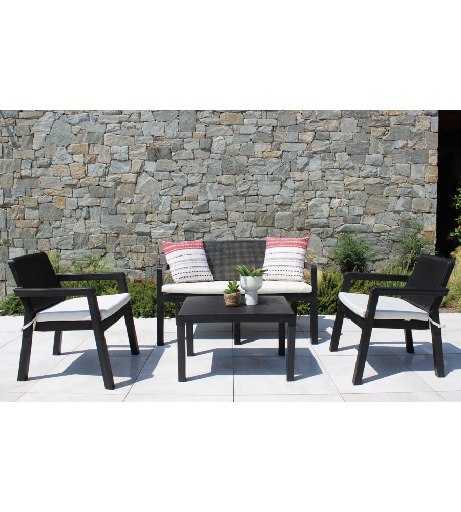 SET DA GIARDINO ELICA GARDEN "DELAWARE" IN POLIPROPILENE NERO CON 2 POLTRONE, UN DIVANO E UN TAVOLINO