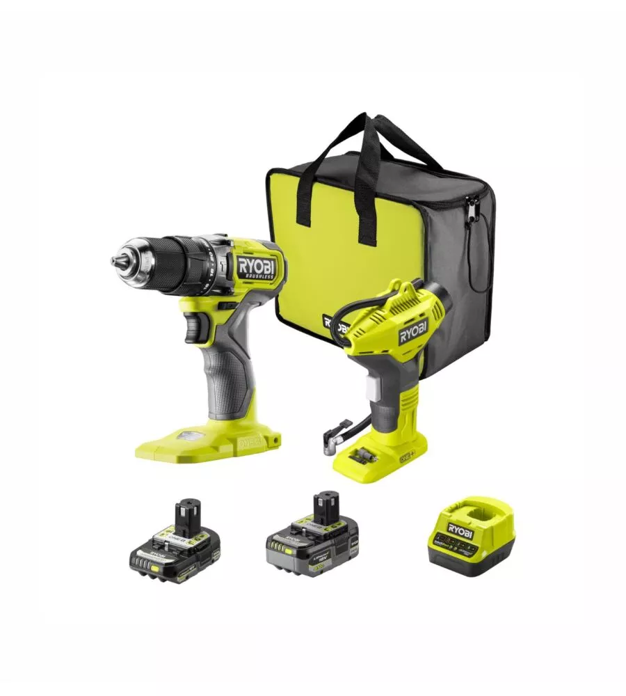 KIT TRAPANO A PERCUSSIONE BRUSHLESS E COMPRESSORE PORTATILE RYOBI - CON 2 BATTERIE 18V 2AH