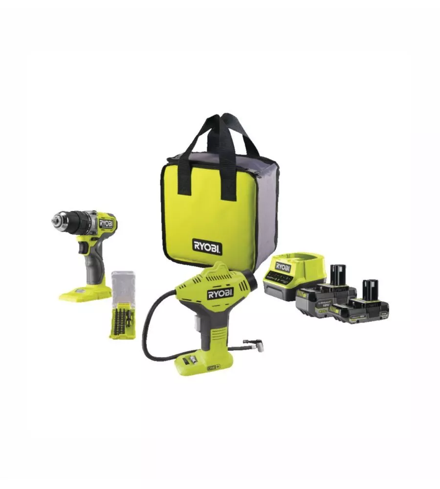 KIT TRAPANO A PERCUSSIONE BRUSHLESS E COMPRESSORE PORTATILE RYOBI - CON 2 BATTERIE 18V 2AH