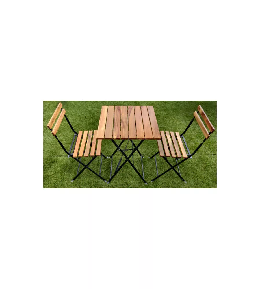 SET DA GIARDINO SOLARIA "BISTRO' DE LUX" IN FERRO NERO E LEGNO DUE SEDIE E TAVOLO PIEGHEVOLI