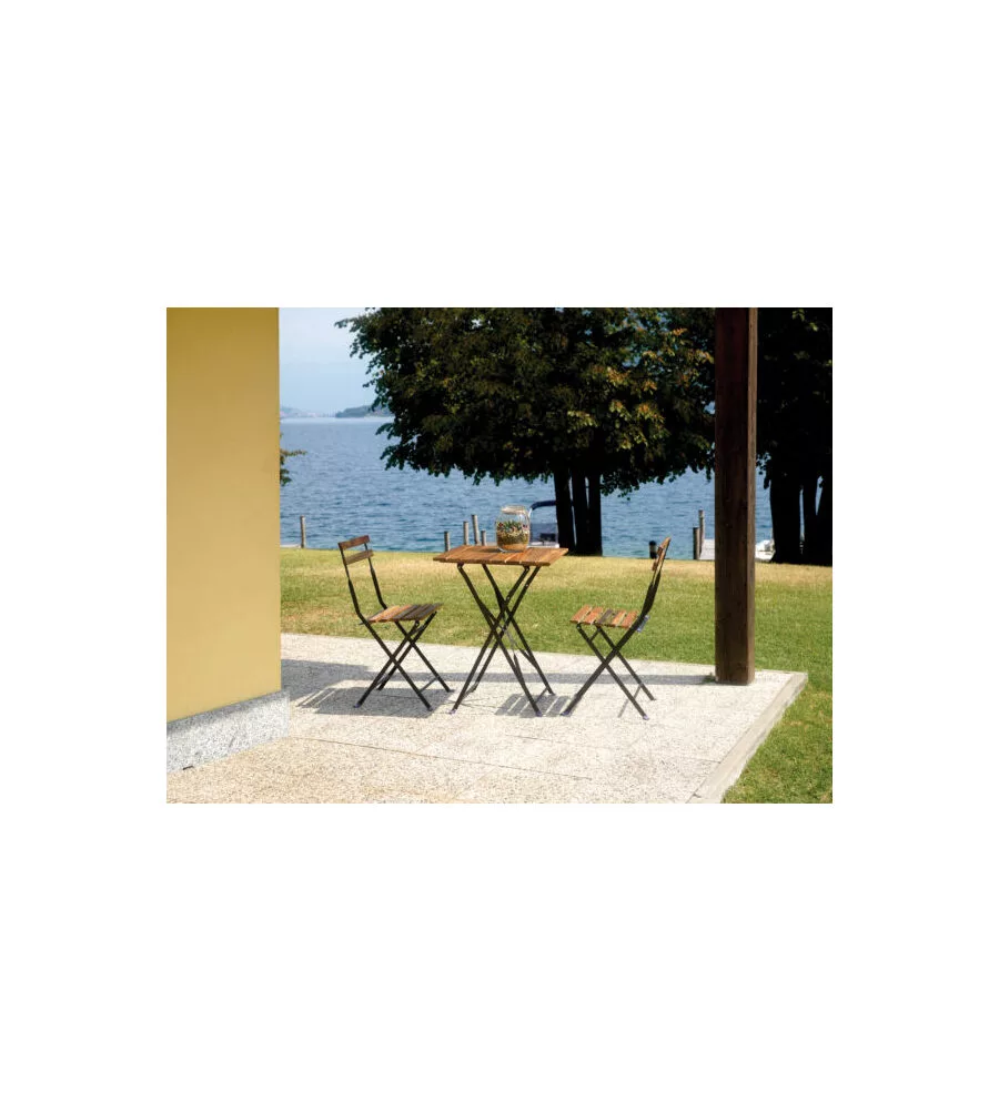 SET DA GIARDINO SOLARIA "BISTRO' DE LUX" IN FERRO NERO E LEGNO DUE SEDIE E TAVOLO PIEGHEVOLI
