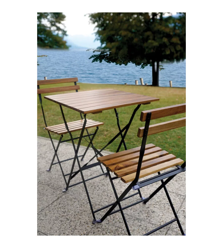 SET DA GIARDINO SOLARIA "BISTRO' DE LUX" IN FERRO NERO E LEGNO DUE SEDIE E TAVOLO PIEGHEVOLI