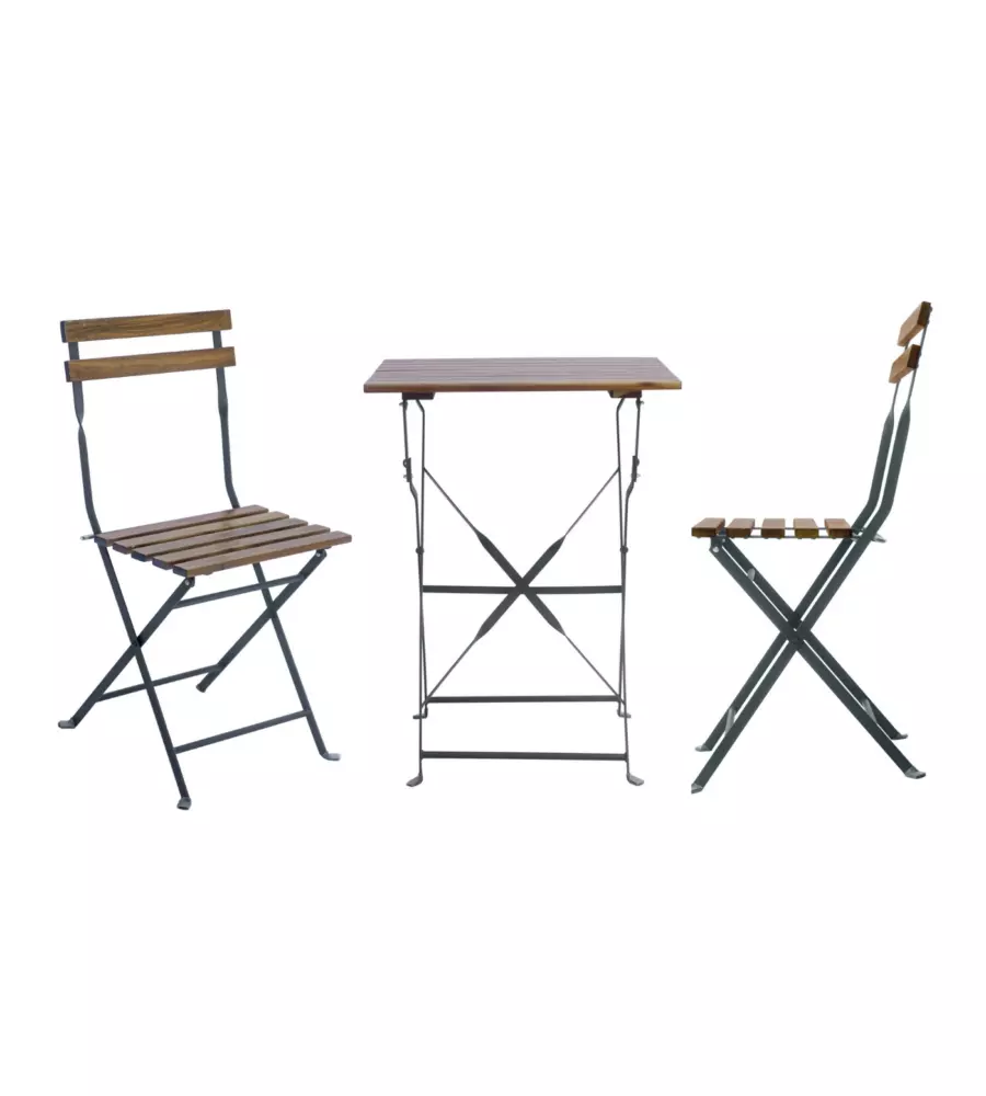 SET DA GIARDINO SOLARIA "BISTRO' DE LUX" IN FERRO NERO E LEGNO DUE SEDIE E TAVOLO PIEGHEVOLI