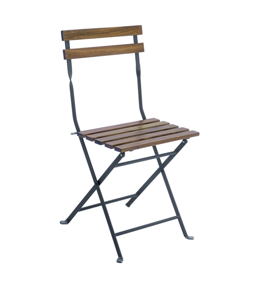 SET DA GIARDINO SOLARIA "BISTRO' DE LUX" IN FERRO NERO E LEGNO DUE SEDIE E TAVOLO PIEGHEVOLI