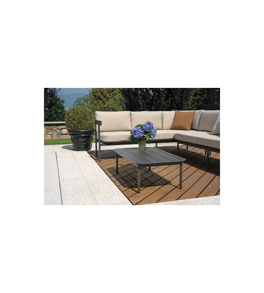 SET DA GIARDINO SOLARIA "TORVAIANICA" IN ALLUMINIO ANTRACITE SABBIA 6 SEDUTE E 1 TAVOLINO