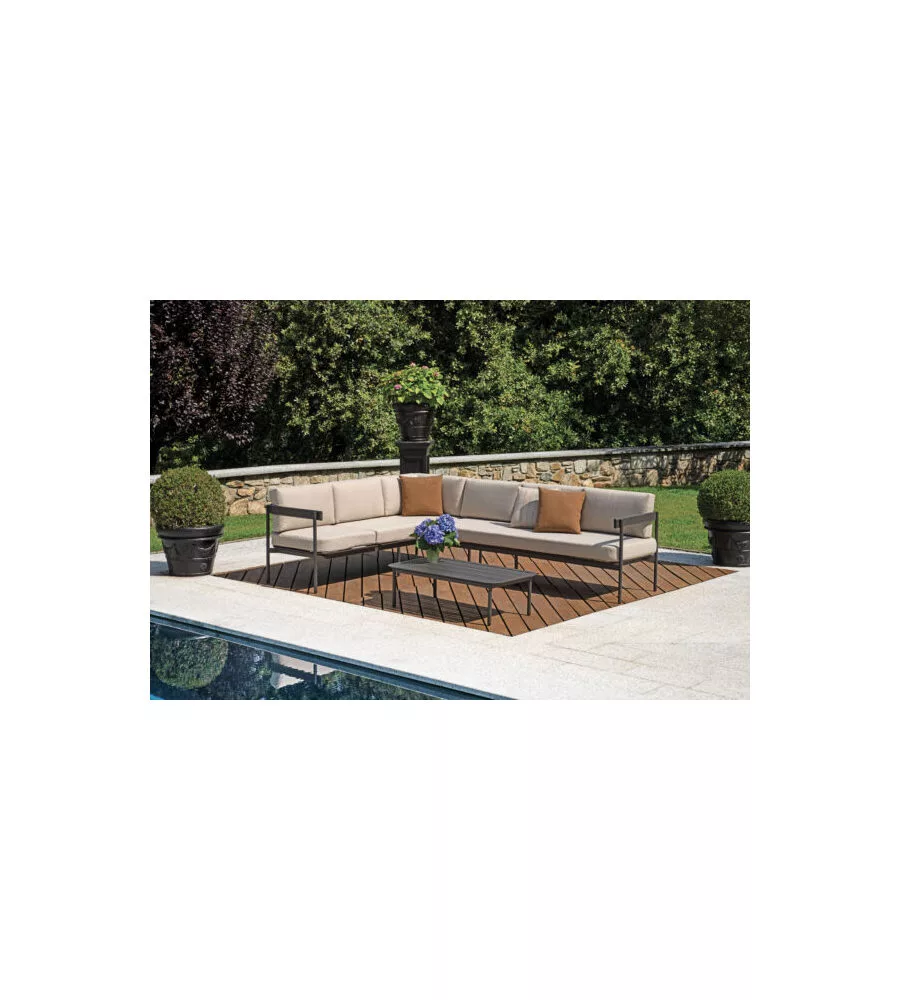 SET DA GIARDINO SOLARIA "TORVAIANICA" IN ALLUMINIO ANTRACITE SABBIA 6 SEDUTE E 1 TAVOLINO