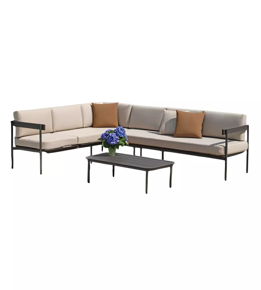 SET DA GIARDINO SOLARIA "TORVAIANICA" IN ALLUMINIO ANTRACITE SABBIA 6 SEDUTE E 1 TAVOLINO