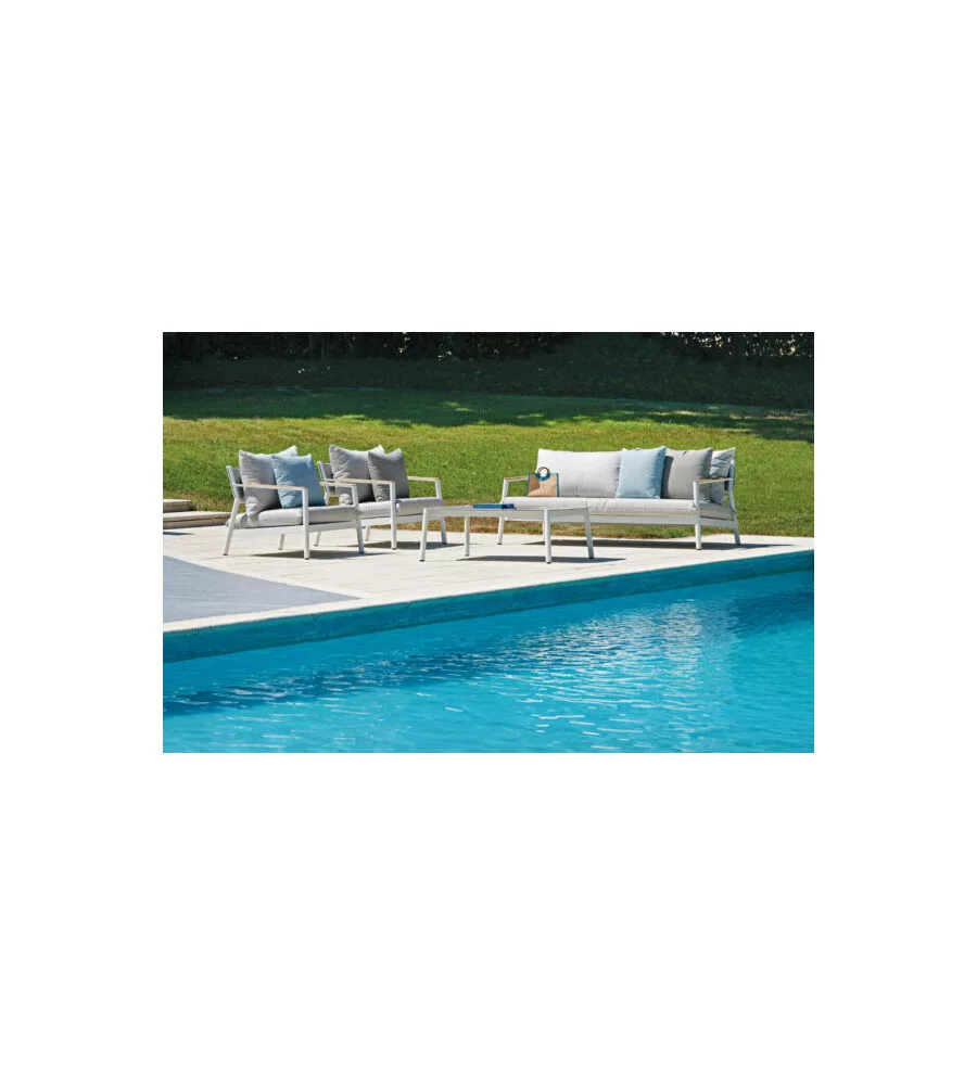 SET DA GIARDINO SOLARIA "CASSIS" IN ALLUMINIO BIANCO E TEAK 5 SEDUTE E TAVOLINO