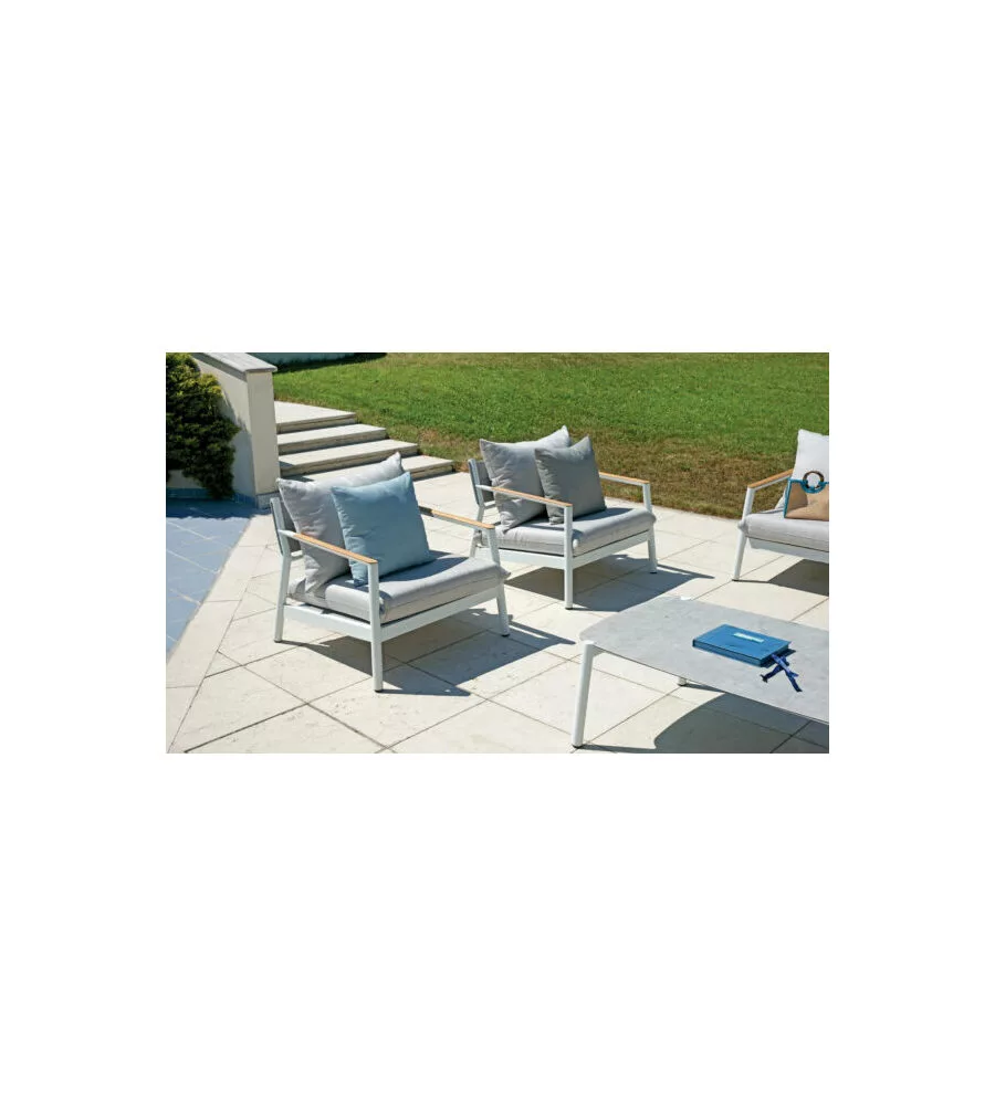 SET DA GIARDINO SOLARIA "CASSIS" IN ALLUMINIO BIANCO E TEAK 5 SEDUTE E TAVOLINO