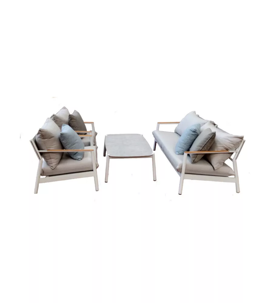 SET DA GIARDINO SOLARIA "CASSIS" IN ALLUMINIO BIANCO E TEAK 5 SEDUTE E TAVOLINO