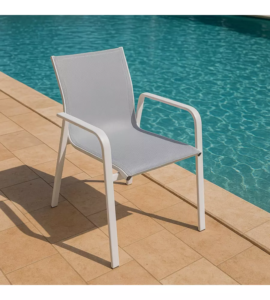 SEDIA DA ESTERNO CON BRACCIOLI SOLARIA "SAMO" IMPILABILE IN ALLUMINIO BIANCO 56X61X90 CM