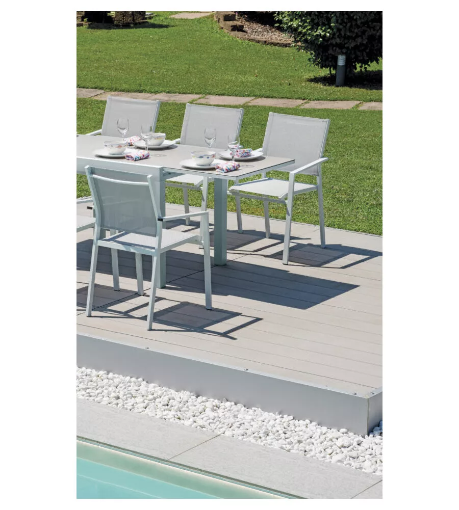 SEDIA DA ESTERNO CON BRACCIOLI SOLARIA "ZARA" IN ALLUMINIO BIANCO E GRIGIO CHIARO 54X57X89 CM