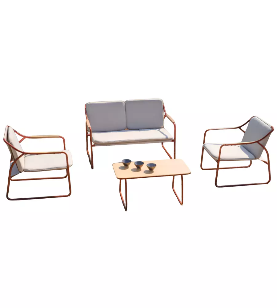 SET DA GIARDINO SOLARIA "TINOS" IN FERRO ROSSO 4 SEDUTE E 1 TAVOLINO