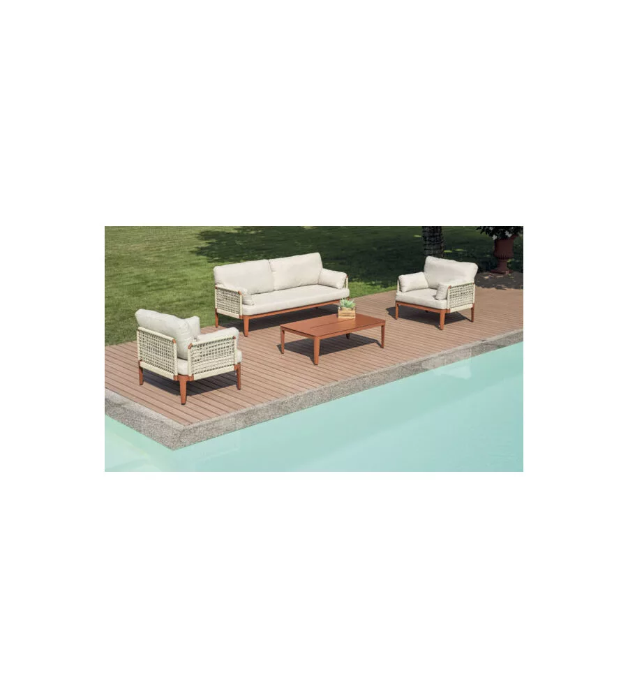 SET DA GIARDINO SOLARIA "BANDOL" IN ALLUMINIO ROSSO E CORDA BEIGE 5 SEDUTE E TAVOLINO