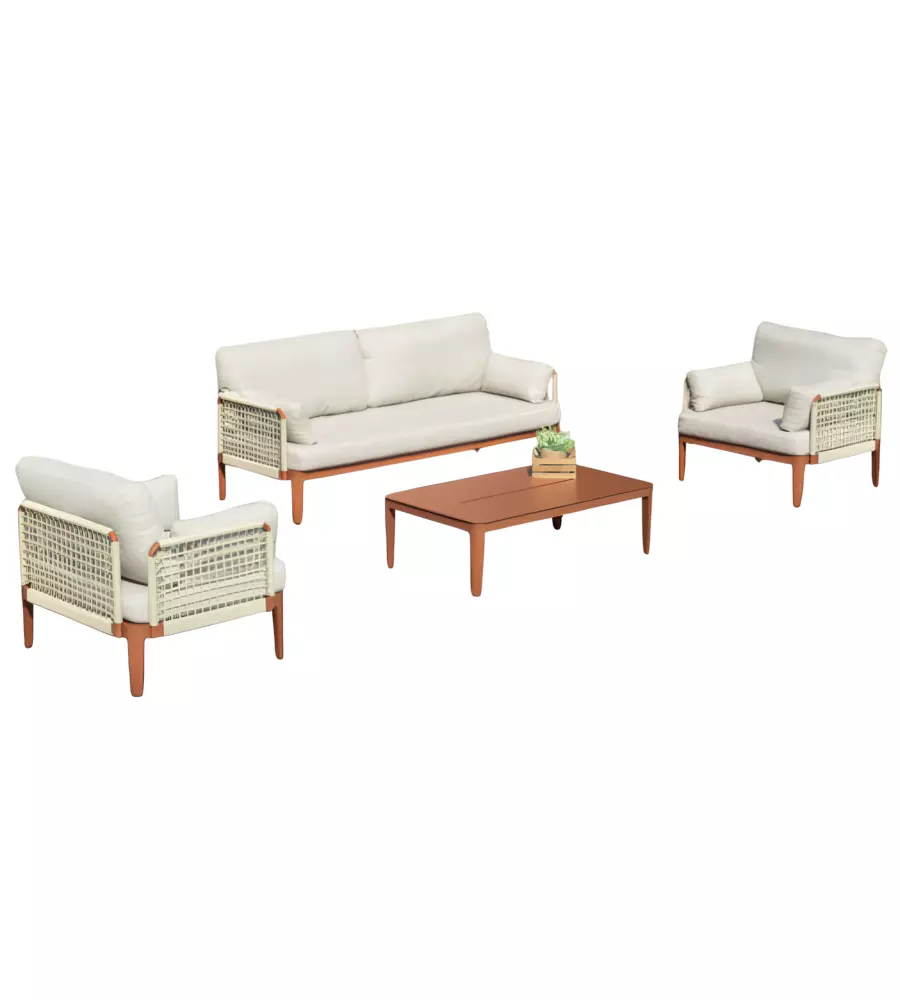 SET DA GIARDINO SOLARIA "BANDOL" IN ALLUMINIO ROSSO E CORDA BEIGE 5 SEDUTE E TAVOLINO