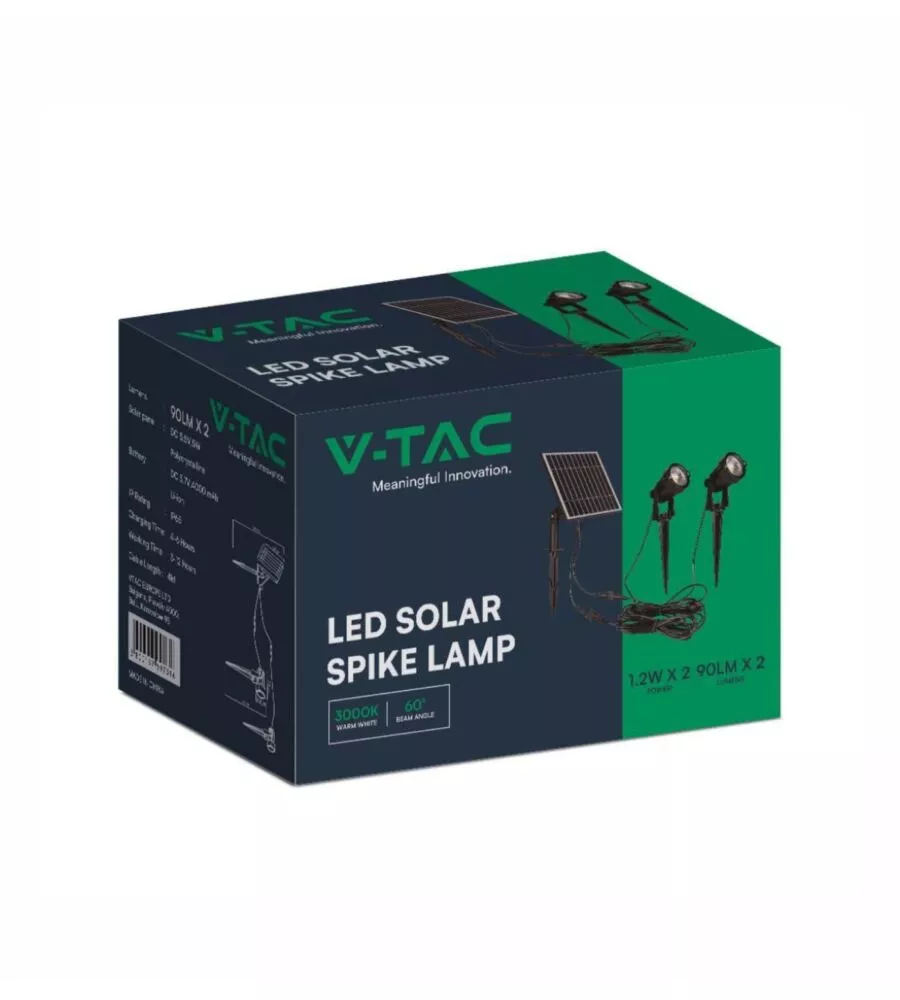 FARETTO LED SOLARE DA ESTERNO CON PICCHETTO VTAC NERO 3000K 2 PEZZI