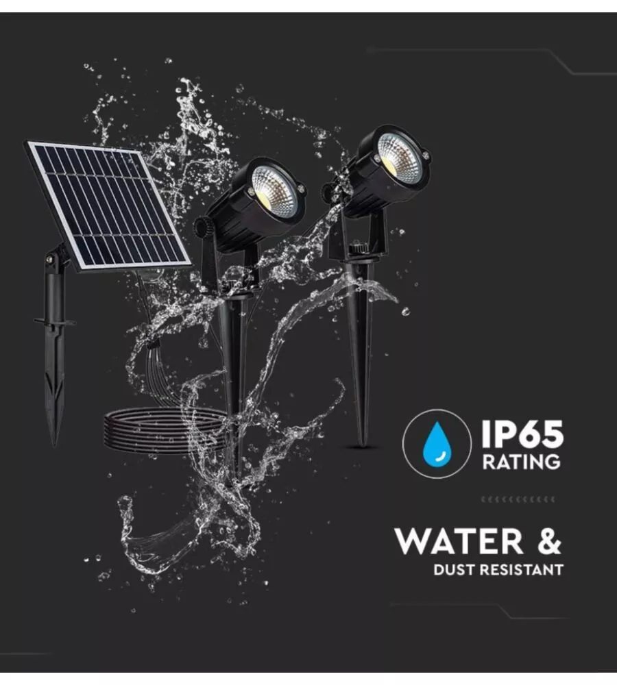 FARETTO LED SOLARE DA ESTERNO CON PICCHETTO VTAC NERO 3000K 2 PEZZI