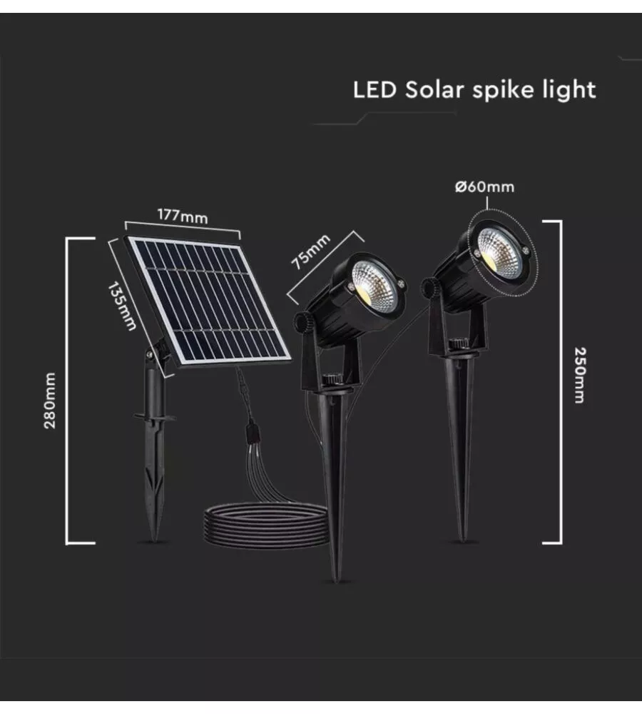 FARETTO LED SOLARE DA ESTERNO CON PICCHETTO VTAC NERO 3000K 2 PEZZI