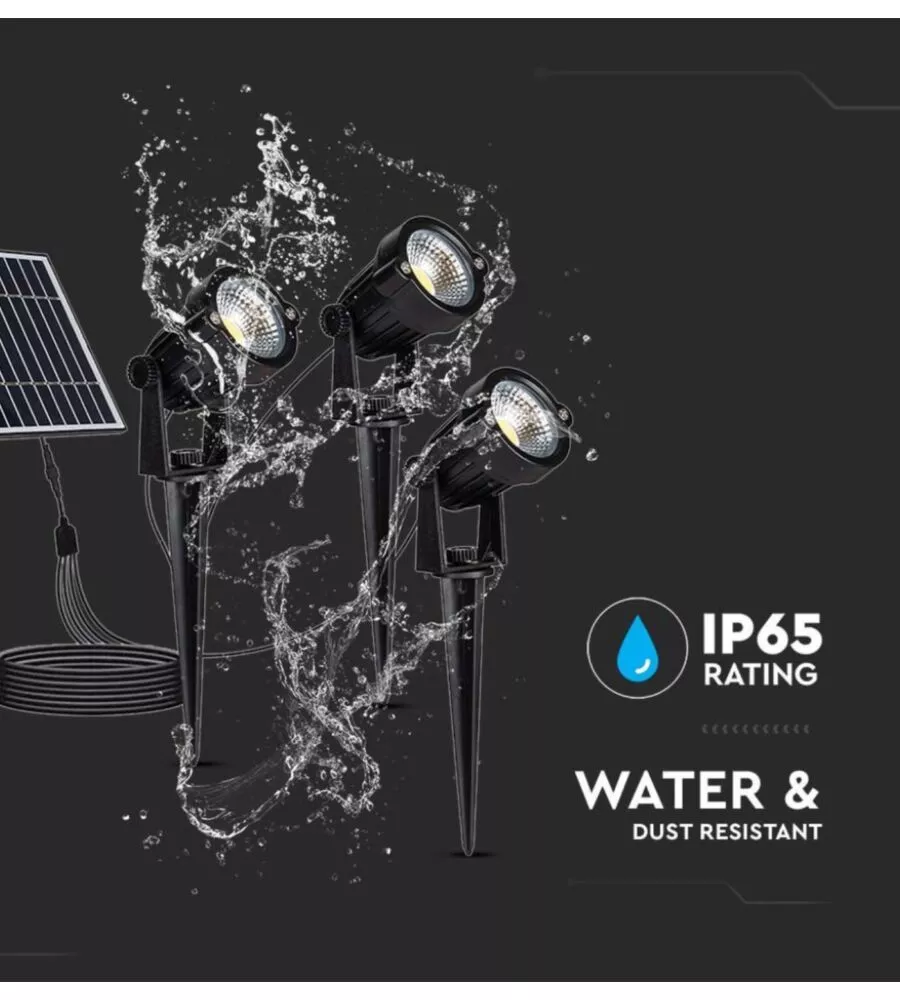 FARETTO LED SOLARE DA ESTERNO CON PICCHETTO VTAC NERO 3000K 3 PEZZI