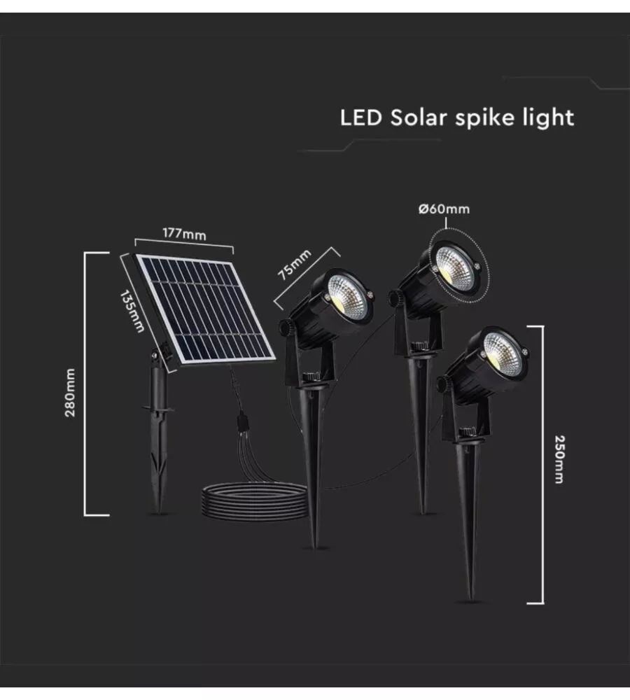 FARETTO LED SOLARE DA ESTERNO CON PICCHETTO VTAC NERO 3000K 3 PEZZI
