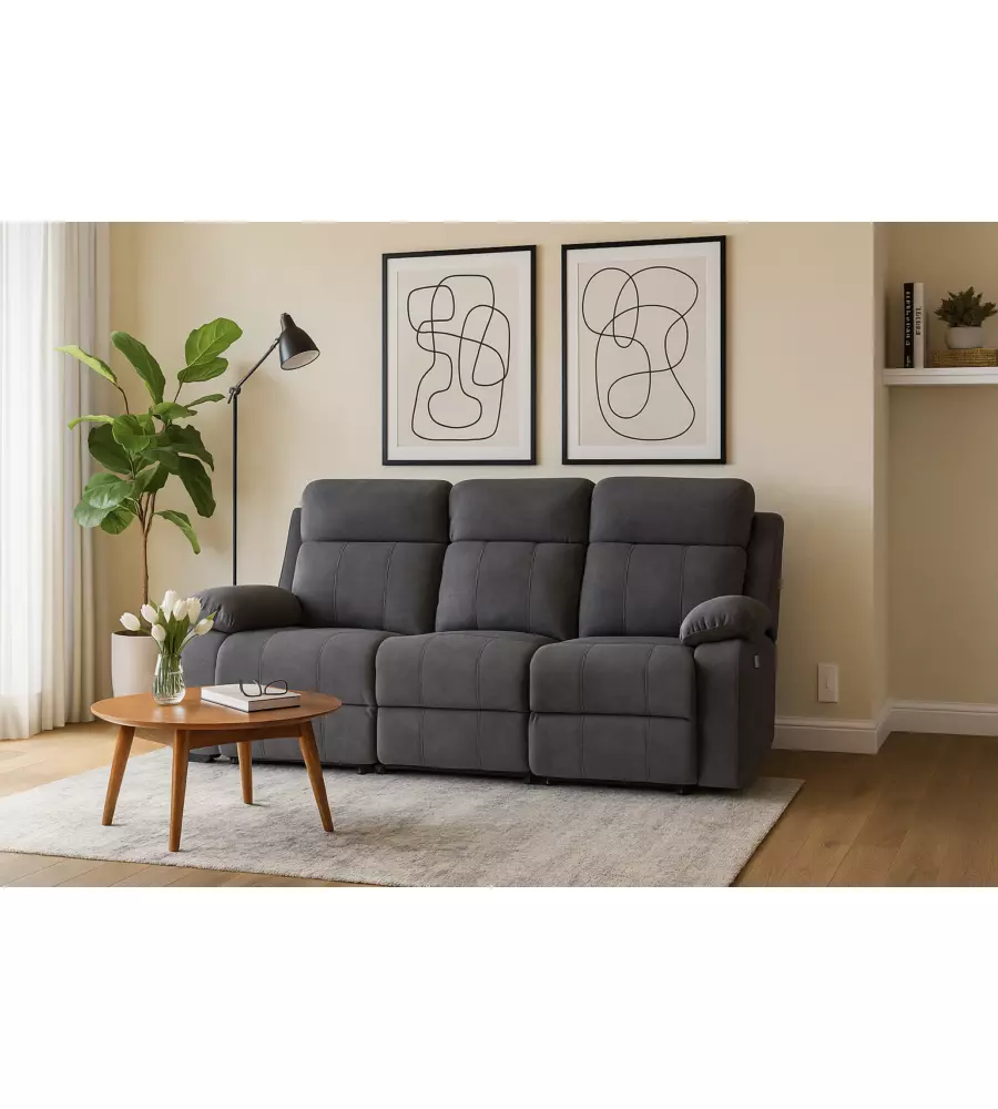 DIVANO 3 POSTI BELLAHOME "ANNIKA" CON 2 RECLINER GRIGIO CANNA DI FUCILE 198X93X101 CM