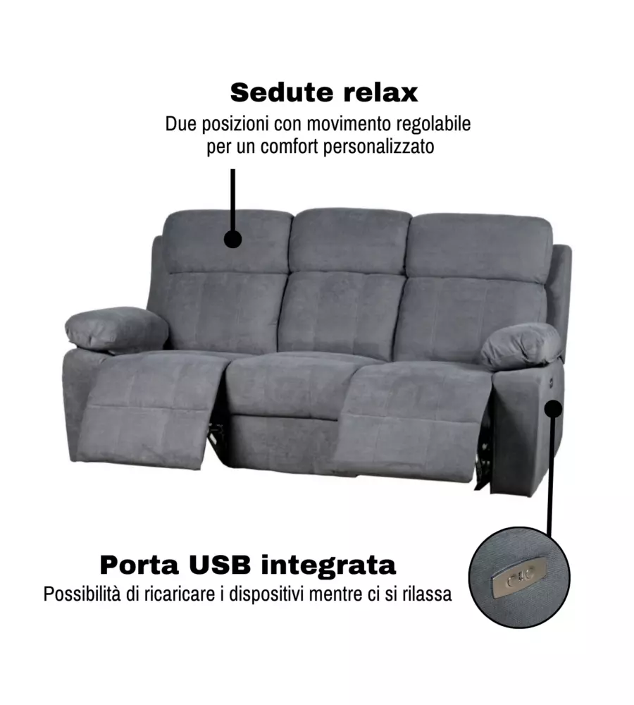 DIVANO 3 POSTI BELLAHOME "ANNIKA" CON 2 RECLINER MOTORIZZATI GRIGIO CANNA DI FUCILE 198X93X101 CM