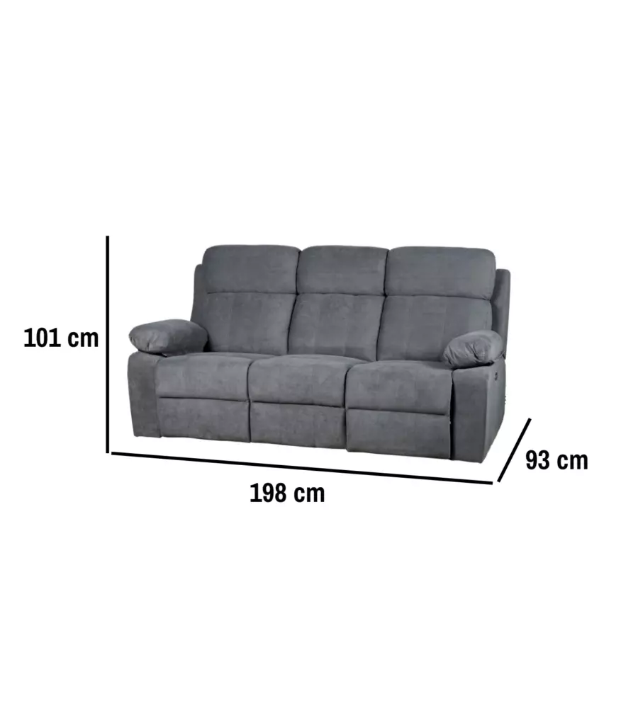 DIVANO 3 POSTI BELLAHOME "ANNIKA" CON 2 RECLINER MOTORIZZATI GRIGIO CANNA DI FUCILE 198X93X101 CM