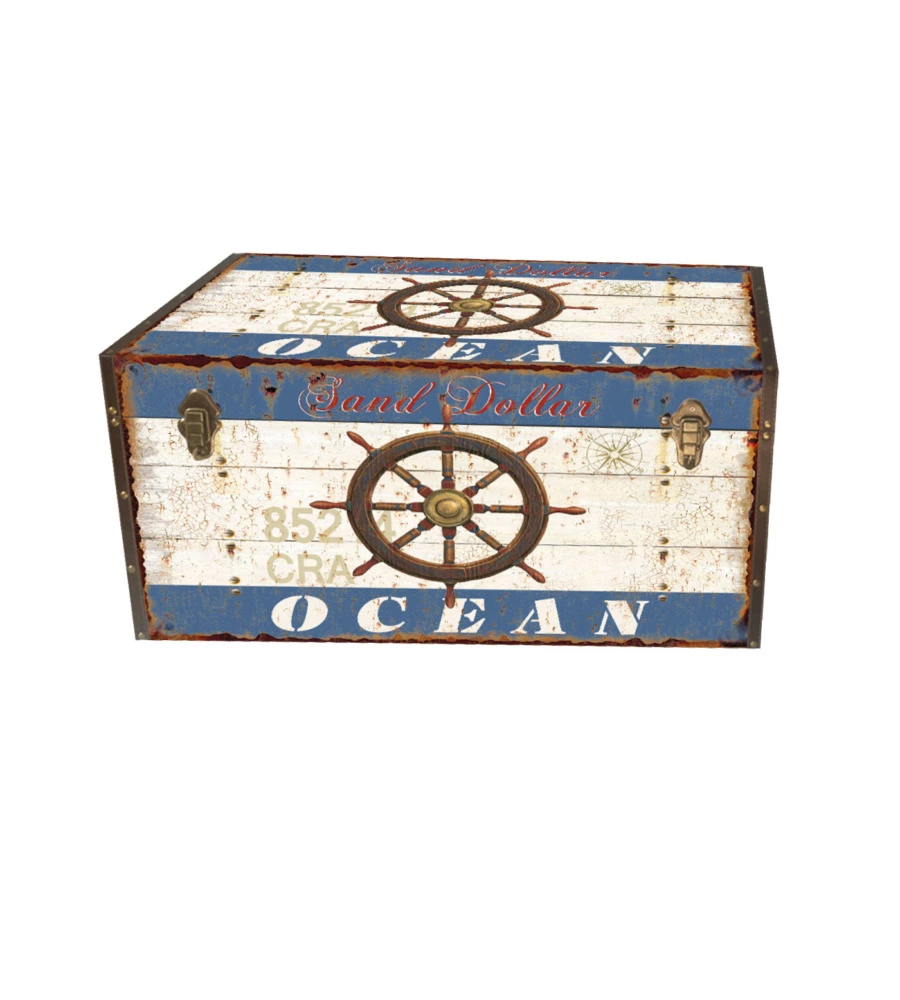 Baule in legno vintage BellaHome rivestito in ecopelle fantasia "Ocean" grande 69x40x44 cm
