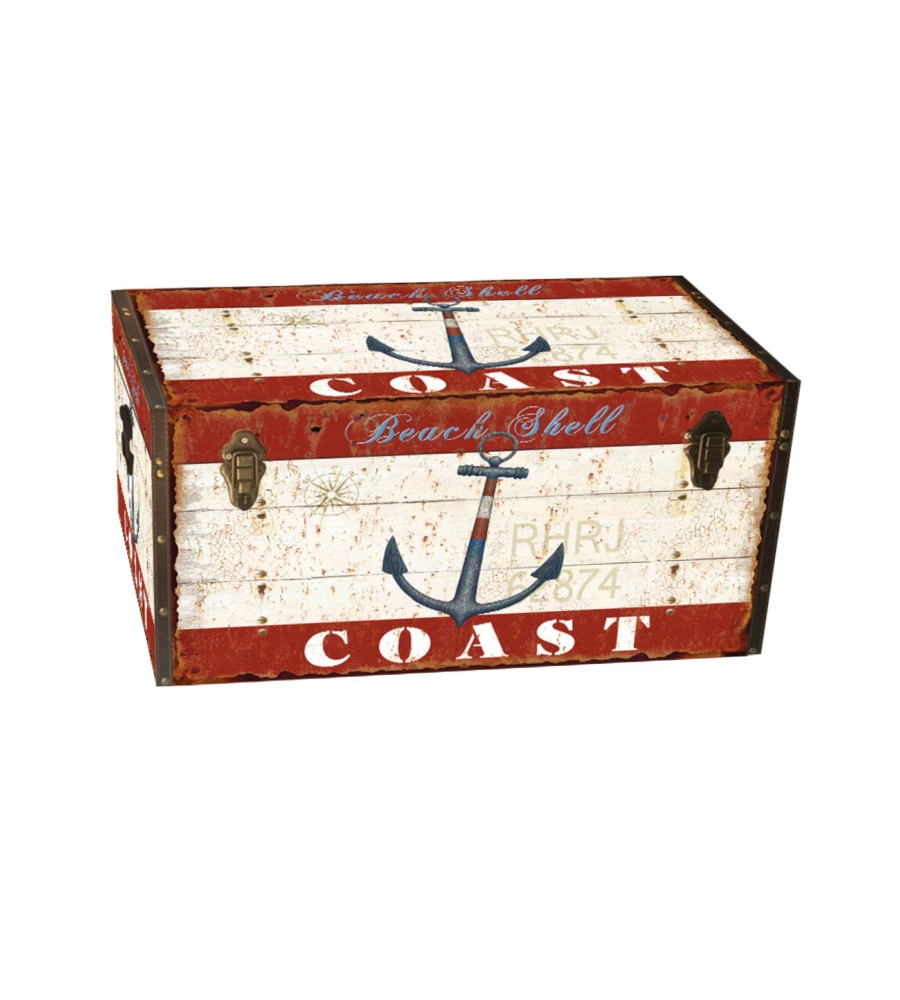 Baule in legno vintage BellaHome rivestito in ecopelle fantasia "Ocean" medio 60x34,5x38,5 cm