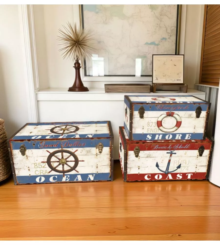Baule in legno vintage BellaHome rivestito in ecopelle fantasia "Ocean" piccolo 51x29,5x38,5 cm