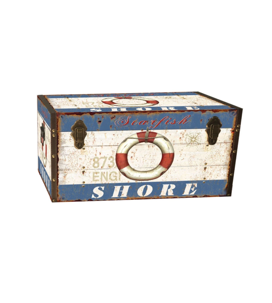 Baule in legno vintage BellaHome rivestito in ecopelle fantasia "Ocean" piccolo 51x29,5x38,5 cm