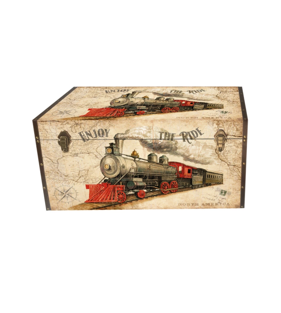 Baule in legno vintage BellaHome rivestito in ecopelle fantasia "Transport" grande 69x40x44 cm
