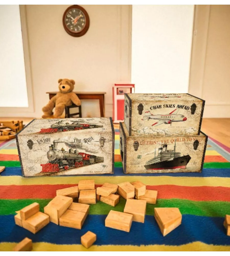 Baule in legno vintage BellaHome rivestito in ecopelle fantasia "Transport" medio 60x34,5x38,5 cm
