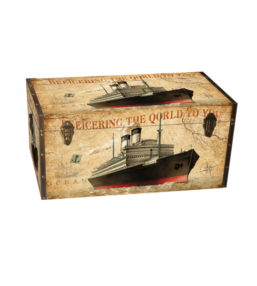 Baule in legno vintage BellaHome rivestito in ecopelle fantasia "Transport" medio 60x34,5x38,5 cm