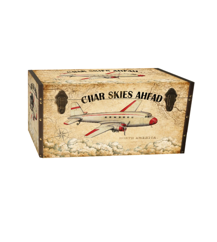 Baule in legno vintage BellaHome rivestito in ecopelle fantasia "Transport" piccolo 51x29,5x32,5 cm
