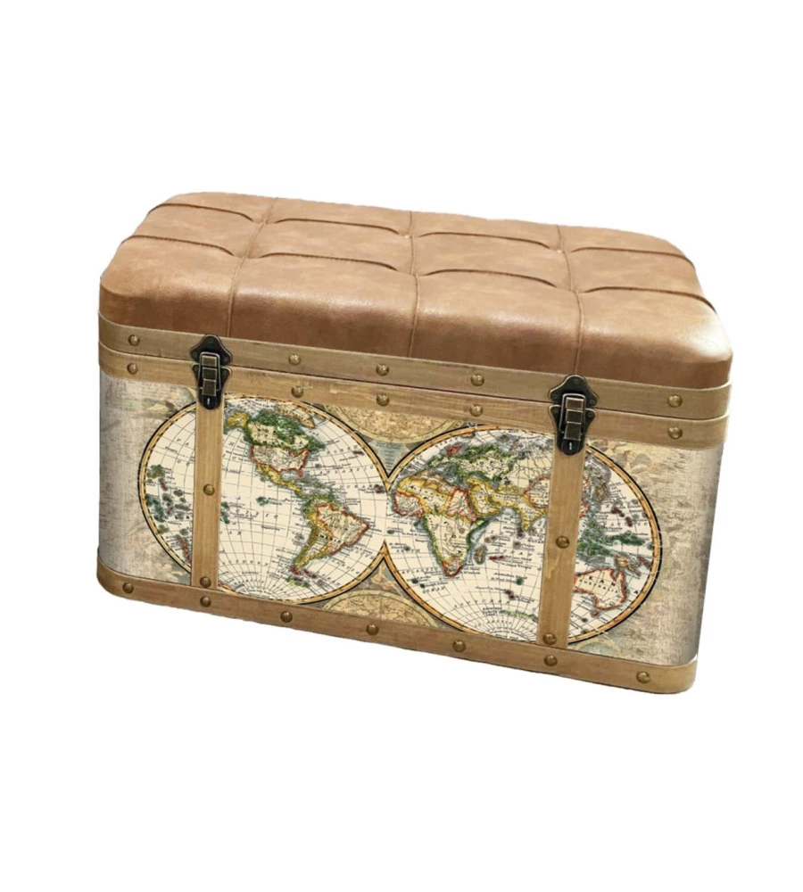 Baule in legno vintage BellaHome con seduta imbottita rivestito in ecopelle fantasia "Atlantis" grande 80x40x40 cm