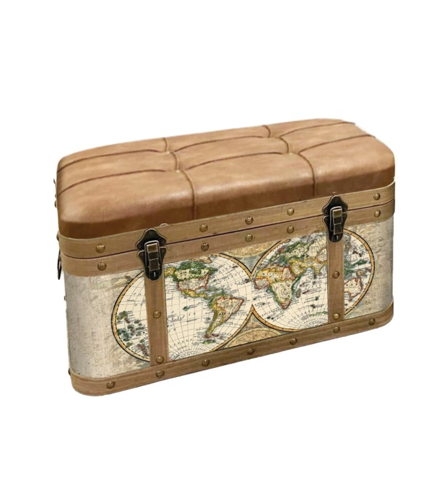 Baule in legno vintage BellaHome con seduta imbottita rivestito in ecopelle fantasia "Atlantis" medio 75x35x35 cm