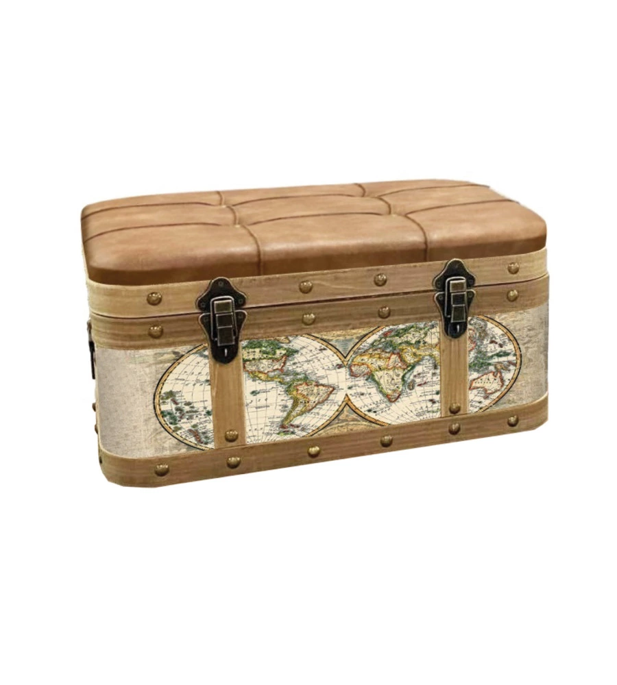 Baule in legno vintage BellaHome con seduta imbottita rivestito in ecopelle fantasia "Atlantis" piccolo 60x30x30 cm