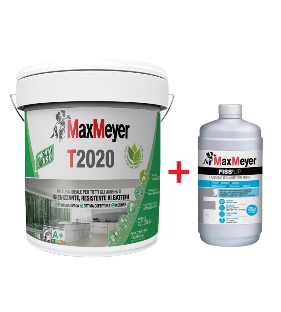 SET PITTURA MURALE TRASPIRANTE MAX MEYER "T2020" BIANCO 14 LT E FISSATIVO ISOLANTE MAX MEYER "FISS'UP" TRASPARENTE 1 LT