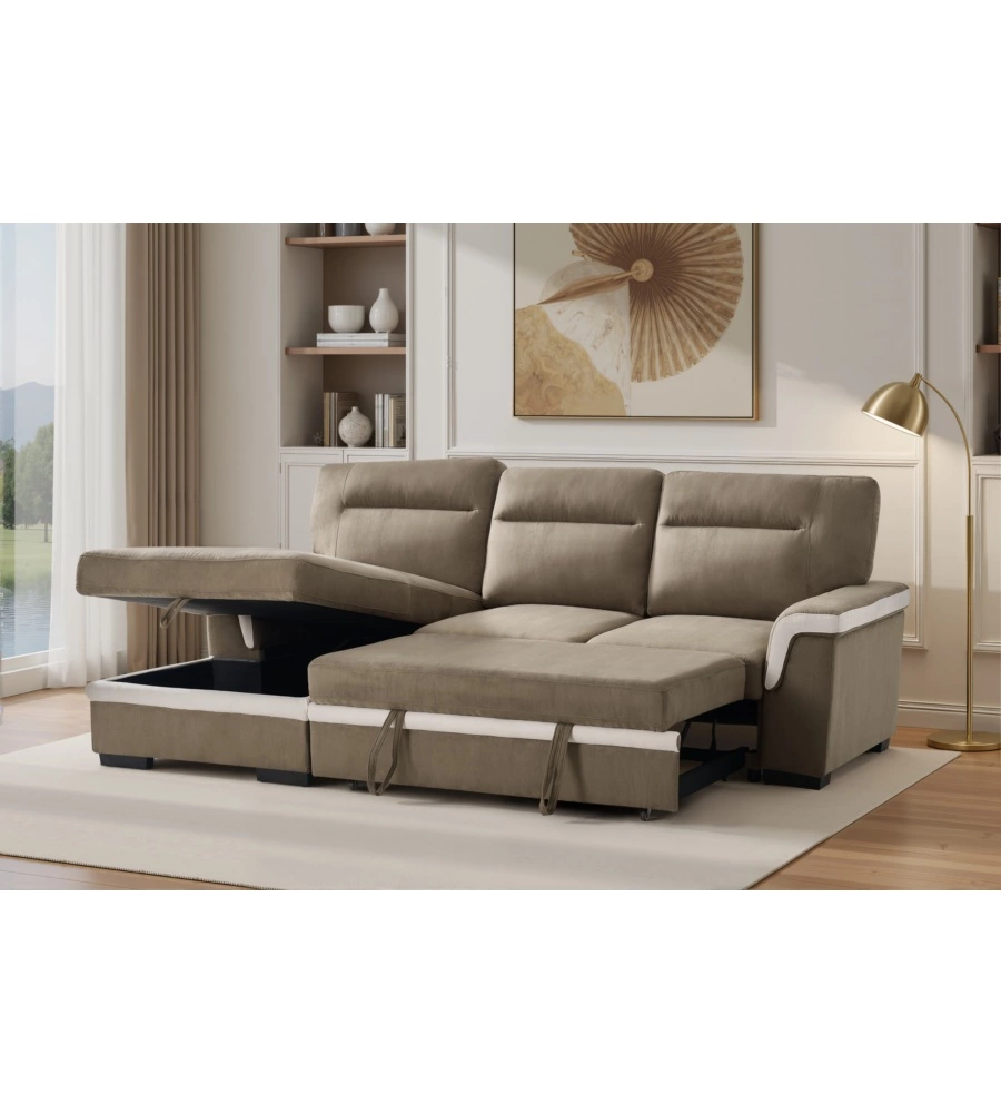 DIVANO LETTO ANGOLARE "ERIKA" IN TESSUTO MARRONE CON PENISOLA A DESTRA 254X92/165X102 CM