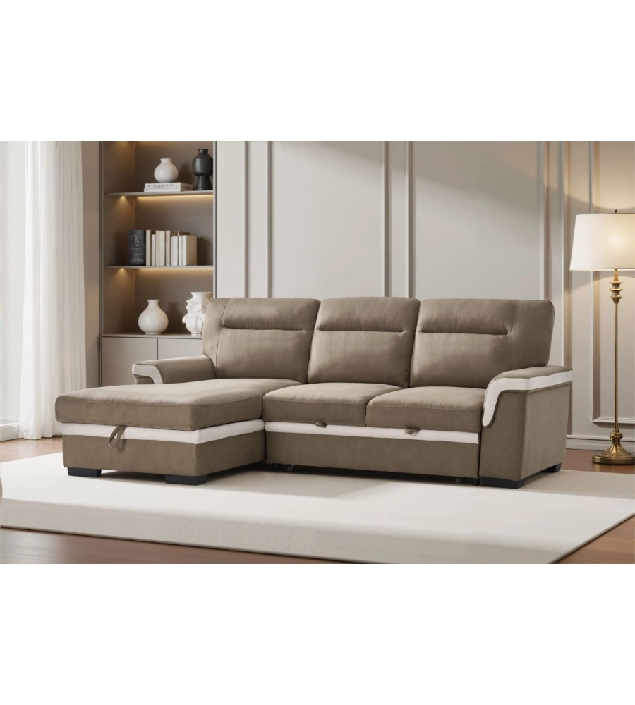 DIVANO LETTO ANGOLARE "ERIKA" IN TESSUTO MARRONE CON PENISOLA A DESTRA 254X92/165X102 CM