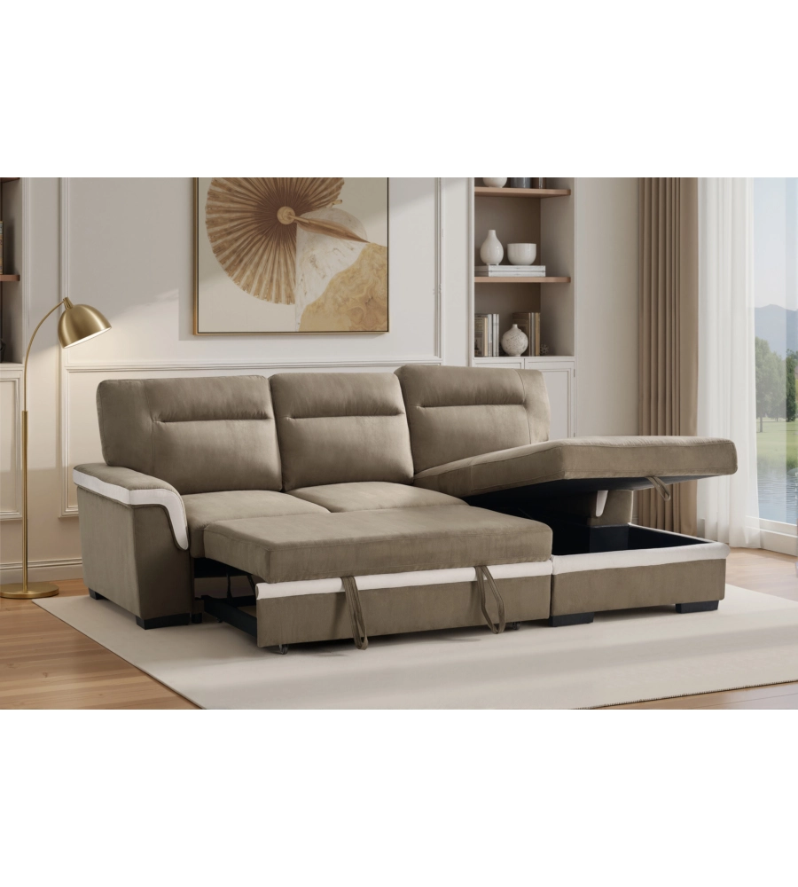 DIVANO LETTO ANGOLARE "ERIKA" IN TESSUTO MARRONE CON PENISOLA A DESTRA 254X92/165X102 CM