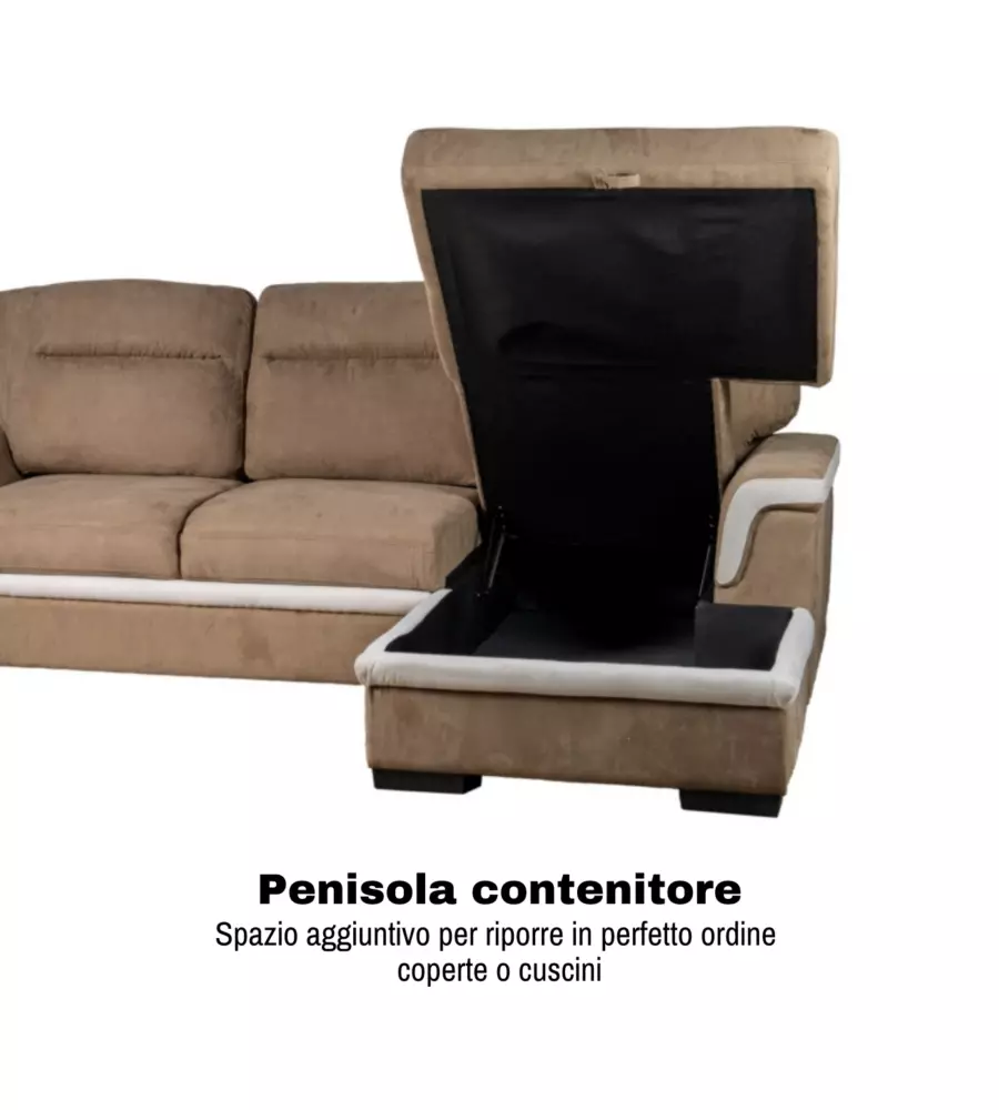 DIVANO LETTO ANGOLARE "ERIKA" IN TESSUTO MARRONE CON PENISOLA A DESTRA 254X92/165X102 CM