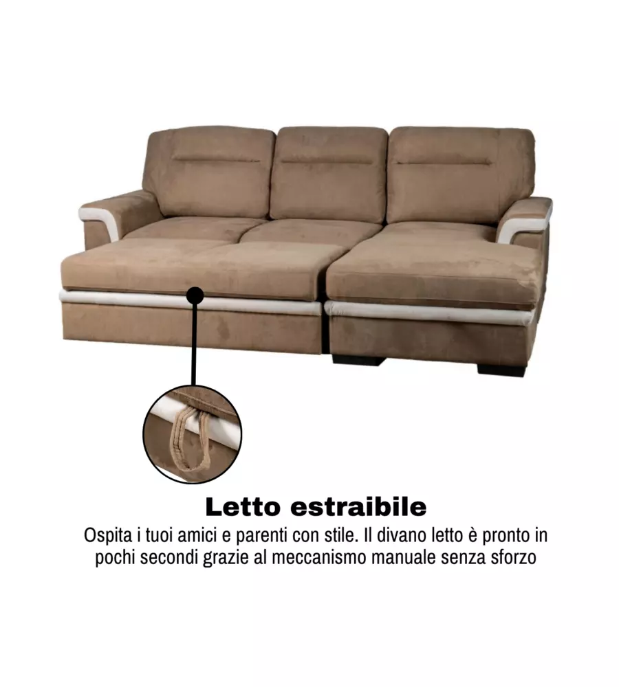DIVANO LETTO ANGOLARE "ERIKA" IN TESSUTO MARRONE CON PENISOLA A DESTRA 254X92/165X102 CM