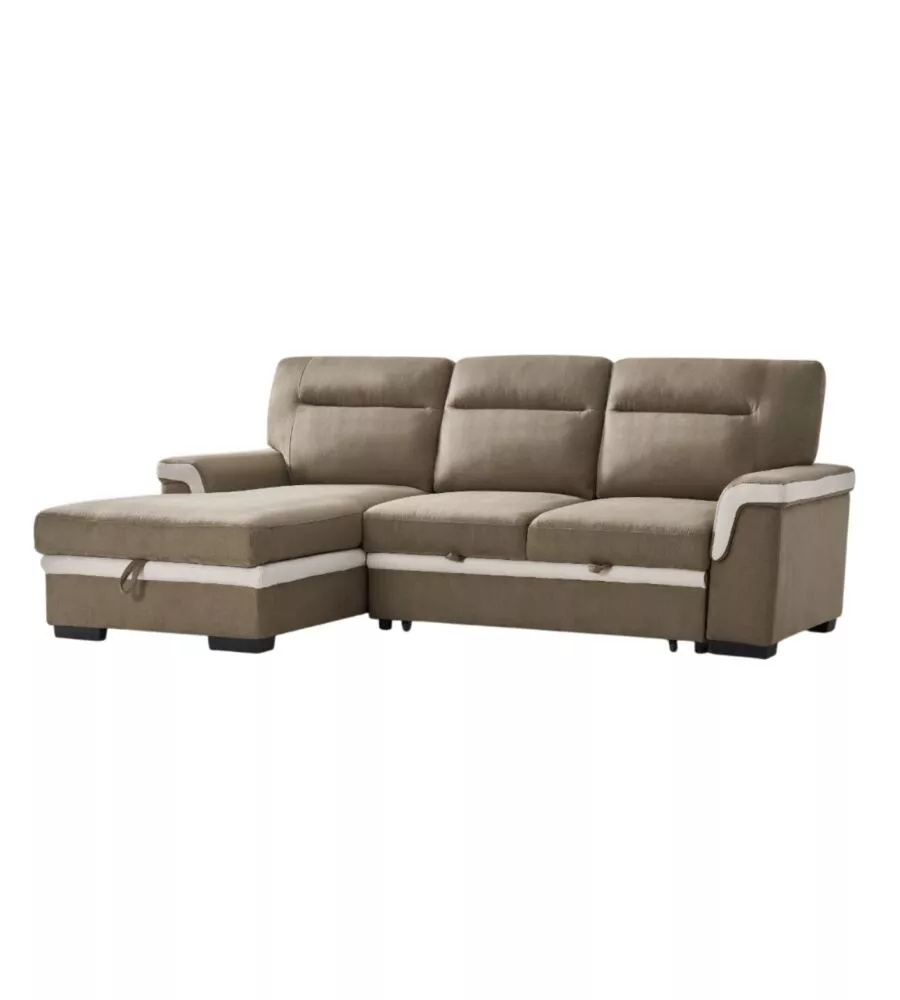 DIVANO LETTO ANGOLARE "ERIKA" IN TESSUTO MARRONE CON PENISOLA A DESTRA 254X92/165X102 CM