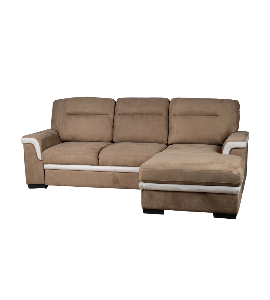 DIVANO LETTO ANGOLARE "ERIKA" IN TESSUTO MARRONE CON PENISOLA A DESTRA 254X92/165X102 CM