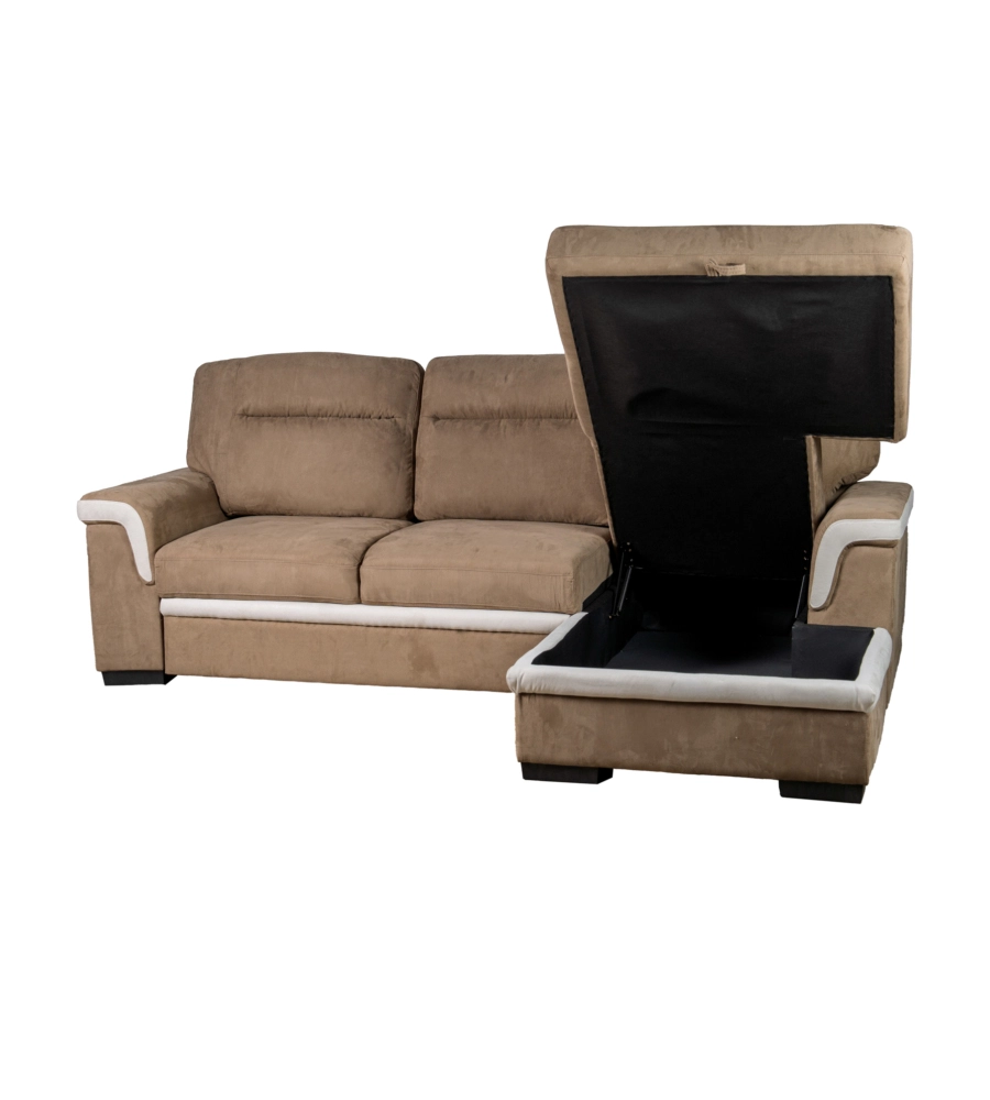 DIVANO LETTO ANGOLARE "ERIKA" IN TESSUTO MARRONE CON PENISOLA A DESTRA 254X92/165X102 CM